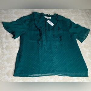 LOFT Teal Hunter Green Ruffle Front Swiss Dot Blouse Women’s Large NWT